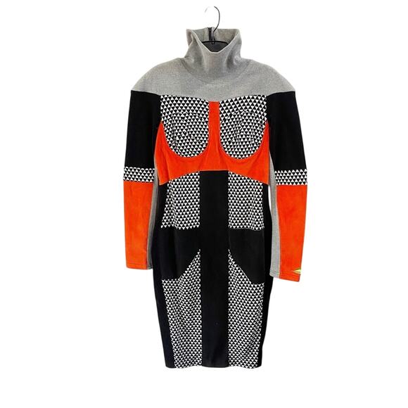 Nuvula Geometric Colorblock Long Sleeve Mock Neck Retro Mod Midi Dress Sz M - Picture 2 of 13